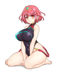 Rule 34 | 1girl, absurdres, bare shoulders, barefoot, between legs, blush, breasts, competition swimsuit, core crystal (xenoblade), covered collarbone, covered erect nipples, covered navel, drop earrings, earrings, feichu keju, hand between legs, highleg, highleg swimsuit, highres, impossible clothes, jewelry, large breasts, light smile, looking at viewer, multicolored clothes, multicolored swimsuit, official alternate costume, one-piece swimsuit, pyra (pro swimmer) (xenoblade), pyra (xenoblade), red eyes, red hair, short hair, solo, swept bangs, swimsuit, thick thighs, thighs, tiara, white background, xenoblade chronicles (series), xenoblade chronicles 2