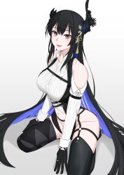 Rule 34 | 1girl, :d, absurdres, black garter straps, black gloves, black hair, black horns, black thighhighs, blue hair, breasts, colored inner hair, demon horns, full body, garter straps, gloves, hair ornament, highres, hololive, hololive english, horns, kneeling, kuon bb, large breasts, long hair, mole, mole under eye, multicolored hair, navel, nerissa ravencroft, nerissa ravencroft (1st costume), open mouth, red eyes, smile, solo, tassel, tassel hair ornament, thighhighs, thighs, two-tone hair, very long hair, virtual youtuber