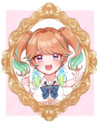 Rule 34 | 1girl, alternate hairstyle, blue bow, blush, bow, clenched hand, colored inner hair, earrings, feather earrings, feathers, green hair, hololive, hololive english, jewelry, mamaloni, mirror, multicolored hair, official art, open hand, open mouth, orange hair, purple eyes, school uniform, smile, solo, takanashi kiara, twintails, virtual youtuber