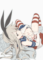 Rule 34 | 10s, 1girl, animal ears, black panties, breasts, clothed masturbation, clothes lift, elbow gloves, female masturbation, gloves, hairband, hand in panties, highleg, highleg panties, kantai collection, long hair, looking at viewer, looking back, lying, masturbation, navel, ningen (ningen96), nipples, on back, panties, panty pull, petite, rabbit ears, shimakaze (kancolle), shirt lift, skirt, small breasts, solo, striped clothes, striped thighhighs, sweat, thighhighs, underwear, undressing, unworn skirt