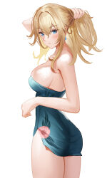 Rule 34 | 1girl, absurdres, alternate costume, artist name, ass, bare arms, bare shoulders, blonde hair, blue dress, blue eyes, blush, breasts, closed mouth, collarbone, cowboy shot, derlyt, dress, earrings, floral print, flower, from behind, genshin impact, hair between eyes, highres, holding, holding hair, impossible clothes, impossible dress, jean (genshin impact), jewelry, large breasts, long bangs, long hair, looking at viewer, looking back, microdress, pink flower, short dress, side slit, sideboob, simple background, skindentation, solo, strapless, strapless dress, watermark, white background