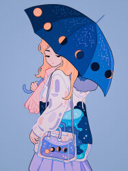 Rule 34 | 1girl, absurdres, bag, black eyes, blonde hair, blue background, blue umbrella, closed mouth, cloud print, commentary, constellation, constellation print, cowboy shot, english commentary, from side, half-closed eyes, highres, holding, holding umbrella, hood, hood down, hooded jacket, jacket, liquid, long hair, long sleeves, looking to the side, meyoco, moon phases, original, pink scarf, pleated skirt, print jacket, print umbrella, purple skirt, scarf, see-through, shoulder bag, simple background, skirt, solo, sparkle, standing, umbrella