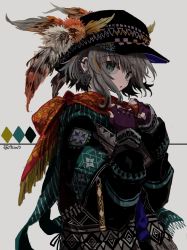 Rule 34 | absurdres, androgynous, azzz (7334080), black hat, blue eyes, commentary, earrings, feathers, fingerless gloves, gender request, gloves, grey background, grey hair, hair between eyes, hat, hat feather, highres, jewelry, long sleeves, looking at viewer, open mouth, original, parted lips, partially fingerless gloves, purple gloves, scarf, short hair, simple background, solo, symbol-only commentary, twitter username, upper body