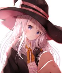 Rule 34 | 1girl, black hat, black robe, blush, bow, brown bow, center frills, closed mouth, collared shirt, commentary request, dress shirt, elaina (majo no tabitabi), frills, hat, head tilt, hood, hood down, hooded robe, knees up, long hair, looking at viewer, majo no tabitabi, nasii, open clothes, open robe, purple eyes, robe, shirt, simple background, sitting, smile, solo, very long hair, white background, white hair, white shirt, witch hat