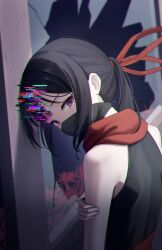 Rule 34 | 1girl, absurdres, bare shoulders, black hair, black mask, broken window, chromatic aberration, commentary request, dokgo hyeji, flower, from behind, hair ribbon, highres, holding own arm, long hair, looking at viewer, looking back, mask, mouth mask, ponytail, purple eyes, red ribbon, red scarf, ribbon, rinrasetsu, scarf, sidelocks, solo, spider lily, virtual youtuber, waktaverse