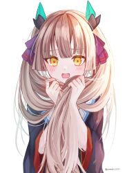 Rule 34 | 1girl, 244224, black robe, blazer, blonde hair, blush, bow, fake horns, furrowed brow, hair bow, heaven burns red, highres, horns, jacket, looking at viewer, ogasahara hisame, open mouth, playing with own hair, purple bow, robe, school uniform, solo, twintails, upper body, white background, white jacket, yellow eyes