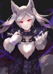 Rule 34 | 1girl, animal ears, animal hands, aura, bright pupils, cape, collar, commentary, dark aura, dark persona, fake animal ears, fire emblem, fire emblem awakening, fire emblem heroes, gimkamres04, gloves, glowing, glowing eyes, grima (fire emblem), halloween costume, hand on own chest, highres, long hair, looking at viewer, nintendo, official alternate costume, outstretched hand, paw gloves, red eyes, robin (female) (fire emblem), robin (fire emblem), silver hair, slit pupils, smirk, solo, symbol-only commentary, twintails, white pupils