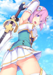 Rule 34 | 1girl, :d, arm up, armor, armpits, ass, black gloves, breastplate, cloud, cowboy shot, daiaru, day, eyes visible through hair, fingerless gloves, four goddesses online: cyber dimension neptune, from behind, from below, gloves, hair ornament, hair over eyes, highres, holding, holding sword, holding weapon, neptune (neptunia), neptune (series), open mouth, panties, purple eyes, purple hair, skirt, sky, smile, solo, striped clothes, striped panties, sword, twitter username, underwear, weapon, white skirt