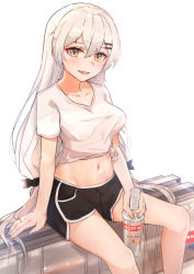 Rule 34 | 1girl, absurdres, alcohol, black shorts, bottle, breasts, collarbone, girls&#039; frontline, highres, holding, holding bottle, jewelry, long hair, looking at viewer, medium breasts, muteppona hito, navel, open mouth, ring, shirt, shorts, silver hair, sitting, sitting on object, smirnoff (vodka), solo, svd (girls&#039; frontline), vodka, weapon case, white background, white shirt, yellow eyes