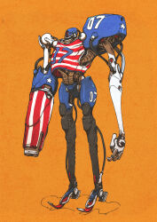 Rule 34 | absurdres, american flag, american flag print, arm cannon, commentary, english commentary, flag print, full body, highres, looking ahead, mecha, no humans, orange background, original, procreate (medium), red eyes, robot, science fiction, simple background, solo, standing, weapon, wokkie