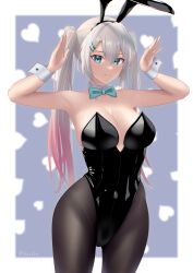 Rule 34 | 1girl, absurdres, animal ears, black leotard, black pantyhose, blue bow, blue bowtie, blue eyes, bow, bowtie, breasts, cowboy shot, detached collar, girls&#039; frontline, gradient hair, grey hair, hair between eyes, heart, heart background, highres, ikarobu, large breasts, leotard, long hair, looking at viewer, lwmmg (girls&#039; frontline), multicolored hair, pantyhose, playboy bunny, purple background, rabbit ears, rabbit pose, solo, standing, twintails, wrist cuffs