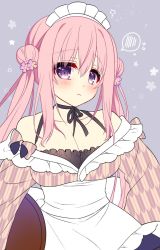 Rule 34 | 1girl, apron, bare shoulders, blush, breasts, cleavage, collarbone, commentary request, double bun, flower, hair between eyes, hair bun, hair flower, hair ornament, highres, holding, holding tray, large breasts, looking at viewer, maid, maid apron, maid headdress, neck ribbon, original, pink hair, purple eyes, ribbon, ringo sui, sakurai airi, sidelocks, solo, spoken blush, tray, twintails, wa maid, yagasuri