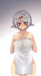 Rule 34 | 1girl, blush, breasts, closed mouth, commentary, cowboy shot, elf, gluteal fold, grey background, hair ornament, hairclip, hands on own chest, highres, large breasts, looking at viewer, nude, original, pointy ears, red eyes, see-through silhouette, short hair, silver hair, solo, standing, sub-res, towel