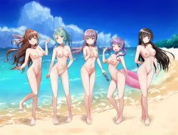 Rule 34 | 5girls, :q, ;d, aqua hair, arm behind back, bang dream!, barefoot, beach, breasts, brown hair, cleavage, cleft of venus, clenched hand, completely nude, day, feet, green eyes, green scrunchie, hair ornament, hair ribbon, hair scrunchie, hair up, half updo, hand up, highres, hikawa sayo, holding, holding removed eyewear, holding swim ring, imai lisa, index finger raised, innertube, long hair, medium breasts, mia (fai1510), minato yukina, multiple girls, navel, nipples, nude, nude filter, ocean, one eye closed, open mouth, outdoors, ponytail, purple eyes, purple hair, pussy, red eyes, ribbon, roselia (bang dream!), sand, scrunchie, shirokane rinko, sidelocks, smile, standing, sunglasses, swim ring, third-party edit, toes, tongue, tongue out, twintails, udagawa ako, unworn eyewear, white ribbon, yellow eyes