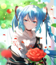 Rule 34 | 1girl, absurdres, ahoge, alternate costume, animal ears, black choker, black jacket, blue hair, character name, choker, closed mouth, clothes writing, flower, hatsune miku, highres, hishiki (pixi14719710), hood, hoodie, jacket, light smile, looking at viewer, red flower, red rose, rose, solo, twintails, upper body, vocaloid, white hoodie