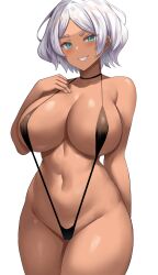 Rule 34 | 1girl, absurdres, aqua eyes, bare shoulders, black one-piece swimsuit, blush, breasts, choker, cleavage, collarbone, commentary, cowboy shot, curvy, dark-skinned female, dark skin, doyagao, grey hair, grin, groin, gundam, gundam suisei no majo, hand up, highres, jasony, large breasts, linea alba, looking at viewer, navel, one-piece swimsuit, paid reward available, parted bangs, raised eyebrow, secelia dote, short hair, simple background, slingshot swimsuit, smile, smug, solo, swimsuit, thick thighs, thighs, wide hips