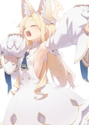 Rule 34 | 1girl, animal ears, armpits, bare shoulders, blonde hair, blue archive, blush, breasts, closed eyes, detached sleeves, dress, fox ears, halo, highres, long hair, n4gare b0shi, open mouth, seia (blue archive), simple background, small breasts, solo, white background, white dress, white sleeves, yellow halo
