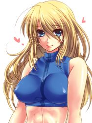 Rule 34 | 1girl, abs, ahoge, bad id, bad pixiv id, bare shoulders, blonde hair, blue eyes, breasts, covered erect nipples, crop top, eyes visible through hair, hair over one eye, halterneck, heart, impossible clothes, impossible shirt, large breasts, light smile, lips, long hair, looking at viewer, metroid, metroid fusion, midriff, nintendo, ran komomo, samus aran, shirt, simple background, smile, solo, sports bra, toned, turtleneck, upper body, white background
