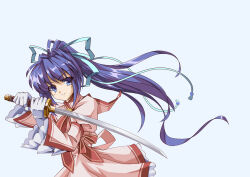Rule 34 | 1girl, absurdres, aqua ribbon, blue eyes, blue hair, commentary, cowboy shot, crown, dress, eyes visible through hair, fighting stance, floating hair, frilled dress, frilled sleeves, frills, gloves, grey background, hair between eyes, hair ribbon, highres, holding, holding sword, holding weapon, juliet sleeves, katana, kazamatsuri institute high school uniform, konohana lucia, long hair, long ribbon, long sleeves, longmei er de tuzi, looking at viewer, mini crown, neck ribbon, parted lips, pink dress, ponytail, puffy sleeves, red ribbon, retro artstyle, rewrite, ribbon, school uniform, serious, simple background, solo, standing, sword, very long hair, weapon, white gloves, wide sleeves