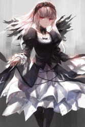 Rule 34 | 1girl, bad id, bad pixiv id, dress, gothic lolita, hairband, highres, lolita fashion, lolita hairband, long hair, red eyes, rozen maiden, silver hair, skirt hold, solo, suigintou, swd3e2, wings