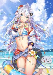 Rule 34 | 1girl, :d, ahoge, bangle, bare shoulders, barefoot, beach, bell, bikini, black bow, blue eyes, blue hair, blue nails, blue sky, blush, bow, bracelet, braid, breasts, cleavage, clothes lift, cloud, day, fang, food, food-themed hair ornament, hair between eyes, hair bow, hair ornament, head tilt, highres, holding, holding food, jacket, jewelry, jingle bell, kagura nana, kiriko (araragikoyomi), leg up, lifted by self, long hair, looking at viewer, nail polish, nanakagu karatou ch, navel, ocean, off shoulder, open clothes, open jacket, open mouth, outdoors, pleated skirt, popsicle, sand, skirt, skirt lift, sky, small breasts, smile, solo, star (symbol), stomach, striped bikini, striped clothes, swimsuit, thighlet, thighs, virtual youtuber, water drop, watermelon bar, wet