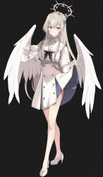 Rule 34 | 1girl, absurdres, angel wings, black background, blue archive, brown eyes, clothes lift, commentary request, cup, ddolggol, dress, feathered wings, flower, full body, grey hair, hair between eyes, hair flower, hair ornament, halo, high heels, highres, holding, holding cup, lifted by self, long hair, long sleeves, looking at viewer, nagisa (blue archive), school uniform, serafuku, shoulder strap, sidelocks, simple background, skirt, skirt lift, solo, standing, teacup, white dress, white wings, wings