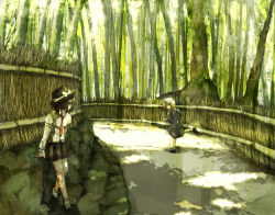Rule 34 | 2girls, bad id, bad pixiv id, bamboo, bamboo forest, female focus, forest, ghostly field club, kyoto, looking back, maribel hearn, multiple girls, nature, road, running, scenery, shade, shadow, sunlight, tokoroten (hmmuk), touhou, usami renko, wall