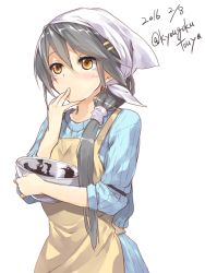 Rule 34 | 10s, 1girl, alternate costume, alternate hairstyle, apron, black hair, bowl, brown eyes, casual, chocolate making, dated, hair ornament, hair over shoulder, hairclip, haruna (kancolle), kantai collection, kyougoku touya, long hair, mixing bowl, ribbed sweater, sleeves rolled up, solo, sweater, tasting, transparent background, twitter username, valentine