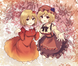 Rule 34 | 2girls, :d, aki minoriko, aki shizuha, apron, black skirt, blonde hair, collared shirt, commentary request, dress, food, fruit, full body, gradient dress, grapes, hair ornament, highres, holding hands, interlocked fingers, juliet sleeves, leaf hair ornament, legs up, long sleeves, looking at viewer, multiple girls, open mouth, outdoors, puffy sleeves, red apron, red dress, red eyes, red headwear, shirt, short hair, siblings, sisters, skirt, smile, subaru (subachoco), touhou, yellow eyes, yellow shirt