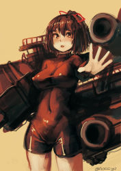 Rule 34 | 1girl, bodysuit, breasts, brown eyes, brown hair, brown theme, cannon, commentary, covered navel, cowboy shot, english commentary, covered erect nipples, hair ribbon, highres, ise (kancolle), kantai collection, large breasts, long hair, looking at viewer, machinery, monochrome, noccu, open mouth, ponytail, red ribbon, ribbon, rigging, skin tight, solo, spot color, standing