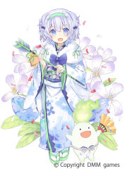 Rule 34 | :d, arrow (projectile), bell, blue eyes, blue kimono, bow, character request, commentary request, confetti, copyright notice, ema, flower, flower knight girl, folding fan, full body, fur collar, green footwear, green hairband, hair between eyes, hair flower, hair ornament, hairband, hamaya, hand fan, holding, holding arrow, japanese clothes, jingle bell, kimono, kurasuke, long sleeves, looking at viewer, name connection, object namesake, official art, open mouth, purple bow, sandals, silver hair, smile, socks, standing, tabi, watermark, white flower, white socks, wide sleeves, zouri