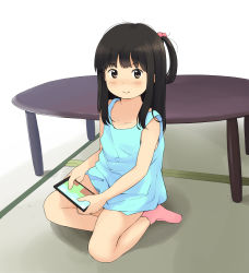 Rule 34 | 1girl, anyannko, bad id, bad pixiv id, bare arms, bare shoulders, black hair, blue dress, blush, brown eyes, child, closed mouth, collarbone, commentary request, dress, hair ornament, highres, holding, long hair, no shoes, one side up, original, pink socks, sitting, sleeveless, sleeveless dress, smile, socks, solo, table, white background