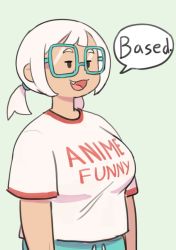 Rule 34 | 1girl, aqua-framed eyewear, breasts, check copyright, colo (nagrolaz), copyright request, english text, fang, green background, open mouth, original, print shirt, shirt, short hair, short sleeves, simple background, smile, solo, speech bubble, twintails, white hair, white shirt