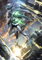 Rule 34 | 1girl, absurdres, aircraft, airplane, building, fighter jet, glowing, glowing eyes, green eyes, high heels, highres, humanoid robot, jet, jet engine, mecha musume, mechanical parts, military, military vehicle, original, robot, science fiction, skyscraper, sunset, takuan (a mood home), wings