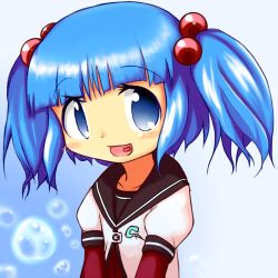 Rule 34 | 1girl, 3000mhyouhyouriver, bad id, bad pixiv id, blue background, blue eyes, blue hair, blunt bangs, bubble, buttons, collarbone, cosplay, female focus, hair bobbles, hair ornament, kawashiro nitori, layered sleeves, long sleeves, looking at viewer, matching hair/eyes, no headwear, open mouth, school uniform, serafuku, short over long sleeves, short sleeves, solo, touhou, twintails, two side up, v arms, yoshikawa chinatsu, yoshikawa chinatsu (cosplay), yuru yuri