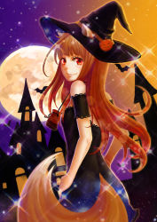 Rule 34 | 1girl, absurdres, animal ears, bare shoulders, bat (animal), blush, brown hair, castle, dress, ears through headwear, full moon, halloween, hat, highres, holo, looking at viewer, moon, night, red eyes, smile, solo, sparkle, spice and wolf, syrinxwell311, tail, witch hat, wolf ears, wolf tail