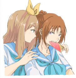 Rule 34 | 2girls, blue neckerchief, blue sailor collar, bow hairband, brown hair, closed mouth, commentary request, curryisfriend, fang, food, fruit, green eyes, hairband, hand on another&#039;s shoulder, hibike! euphonium, holding, holding food, light brown hair, liz to aoi tori, long hair, multiple girls, nakagawa natsuki, neckerchief, purple eyes, sailor collar, school uniform, serafuku, shirt, short sleeves, simple background, watermelon, watermelon slice, white background, white shirt, yellow hairband, yoshikawa yuuko