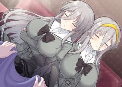 Rule 34 | 1boy, 2girls, bow, bowtie, breasts, closed eyes, collared shirt, copyright request, grey hair, highres, large breasts, long hair, multiple girls, perapera, school uniform, shirt, siblings, sleeping, solo focus, twins