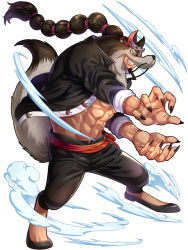 Rule 34 | 1boy, abs, animal costume, animal ears, black pants, brown hair, fighting stance, fingernails, foxvulpine, full body, furry, furry male, jabra (one piece), jacket, long hair, male focus, muscular, official style, one piece, open clothes, open jacket, open pants, pants, ponytail, sharp fingernails, smile, solo, tail, teeth, wolf boy, wolf costume, wolf ears, wolf tail