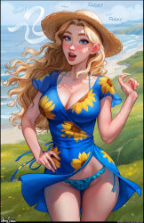 Rule 34 | 1girl, :o, absurdres, aroma sensei, artist name, beach, bikini, bikini under clothes, black border, blonde hair, blue dress, blue eyes, blue panties, blush, border, breasts, cleavage, clothes lift, collarbone, covered navel, cowboy shot, curvy, dress, english text, floating hair, floral print, freckles, frilled bikini, frills, grass, haley (stardew valley), hat, highres, large breasts, long hair, looking at viewer, mole, mole on breast, nose, open mouth, outdoors, panties, pantyshot, parted hair, patreon username, plaid, plaid bikini, short dress, side-tie bikini bottom, skirt, skirt lift, sky, solo, sound effects, stardew valley, straw hat, surprised, swimsuit, underwear, v-neck, wide hips, wind, wind lift