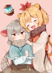 Rule 34 | 2girls, absurdres, animal ears, bad id, bad pixiv id, bishamonten&#039;s pagoda, blonde hair, blush, capelet, closed eyes, closed mouth, fangs, green hair, grey scarf, grey skirt, hair ornament, hand on another&#039;s head, highres, jewelry, kemonomimi mode, long sleeves, mouse ears, mouse tail, multiple girls, nazrin, open mouth, pendant, pink background, red eyes, scarf, simple background, skirt, smile, sweatdrop, tail, tiger ears, tiger tail, toramaru shou, touhou, upper body, useq1067, wide sleeves