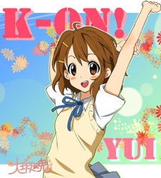 Rule 34 | 00s, 1girl, aerial fireworks, ahoge, arms behind head, blush, brown eyes, brown hair, character name, copyright name, fireworks, hair ornament, hairclip, hirasawa yui, k-on!, lens flare, lowres, school uniform, sky, smile, solo, stretching, ugeppa, vest