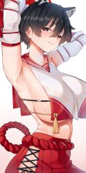 Rule 34 | 1girl, absurdres, animal ears, armpits, arms up, black eyes, black hair, blue archive, blush, breasts, closed mouth, commentary request, cromwellb, crop top, detached sleeves, hair between eyes, highres, hip vent, huge breasts, looking at viewer, midriff, navel, red sailor collar, red skirt, revealing clothes, rope, sailor collar, short hair, sideboob, skirt, solo, sweat, tassel, tsubaki (blue archive)