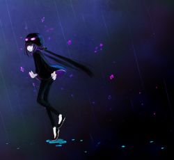 Rule 34 | 1girl, enderman, glowing, glowing eyes, hair ornament, hat, long hair, minecraft, pale skin, personification, puddle, purple eyes, purple hair, qsr, rain, solo, sparkle, twintails, wind