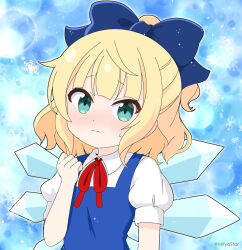 Rule 34 | 1girl, blue background, blue bow, blue dress, blue wings, blush, bow, cirno, cirno (cosplay), closed mouth, collared shirt, commentary request, cosplay, dress, gochuumon wa usagi desu ka?, green eyes, hair bow, hand up, ice, ice wings, kirima syaro, looking at viewer, mitya, neck ribbon, ponytail, puffy short sleeves, puffy sleeves, red ribbon, ribbon, shirt, short sleeves, sleeveless, sleeveless dress, snowflakes, solo, sweat, touhou, twitter username, wavy mouth, white shirt, wings