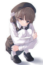 Rule 34 | 1girl, absurdres, beret, black bow, black footwear, black hat, black ribbon, black skirt, bow, brown eyes, brown hair, closed mouth, collared shirt, eyes visible through hair, flower, hair between eyes, hat, hatoba tsugu, headwear request, highres, hugging own legs, kanae (inorin05kanae), knees to chest, knees together feet apart, light blush, long sleeves, looking at viewer, one side up, pantyhose, pleated skirt, ribbon, rose, shadow, shirt, shoes, short hair, simple background, skirt, solo, squatting, suspender skirt, suspenders, tsugu (vtuber), virtual youtuber, white background, white flower, white pantyhose, white rose, white shirt
