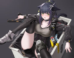 Rule 34 | 1girl, animal ears, arknights, black choker, black hair, black thighhighs, breasts, cat ears, cat tail, choker, cleavage, commentary, green eyes, grey background, grey footwear, grey shirt, gun, handgun, highres, holding, holding gun, holding weapon, jessica (arknights), jessica the liberated (arknights), large breasts, long hair, looking at viewer, mildt, open mouth, shirt, shoes, simple background, solo, tail, thighhighs, weapon
