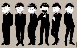 Rule 34 | 10s, 6+boys, :&lt;, black hair, brothers, formal, full body, grey background, hands in pockets, heart, heart in mouth, highres, huni0617, jitome, lineup, looking at viewer, male focus, matsuno choromatsu, matsuno ichimatsu, matsuno jyushimatsu, matsuno karamatsu, matsuno osomatsu, matsuno todomatsu, messy hair, monochrome, multiple boys, multiple monochrome, osomatsu-kun, osomatsu-san, sextuplets, siblings, simple background, smile, suit, twitter username