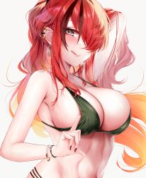 Rule 34 | 1girl, :q, absurdres, arm up, bare arms, bare shoulders, bikini, blush, bracelet, breasts, cleavage, closed mouth, earrings, green bikini, grey eyes, hand in own hair, highres, jewelry, lain paterson, large breasts, long hair, looking at viewer, nail polish, nijisanji, rai (newtype xm-x1), red hair, red nails, simple background, smile, solo, swimsuit, tongue, tongue out, upper body, virtual youtuber