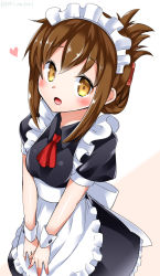 Rule 34 | 10s, 1girl, alternate costume, apron, blush, breasts, brown eyes, brown hair, enmaided, folded ponytail, frills, hair ornament, heart, inazuma (kancolle), kantai collection, long hair, looking at viewer, maid, maid apron, maid headdress, open mouth, puffy short sleeves, puffy sleeves, short sleeves, simple background, small breasts, solo, twitter username, v arms, waist apron, white background, wrist cuffs, yuuki hb